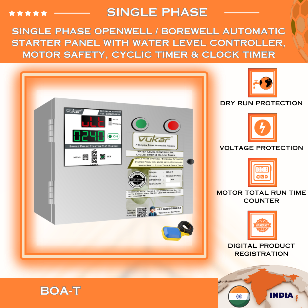 Single Phase Openwell / Borewell Automatic Starter Panel with Water Level Controller, Motor Safety, Cyclic Timer & Clock Timer (BOA-T)