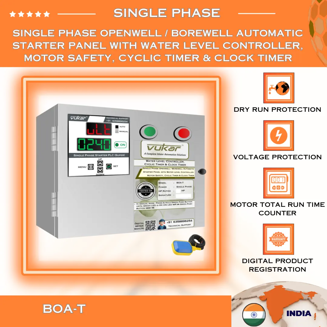 Single Phase Openwell / Borewell Automatic Starter Panel with Water Level Controller,  Motor Safety, Cyclic Timer & Clock Timer (BOA-T) VUKAR