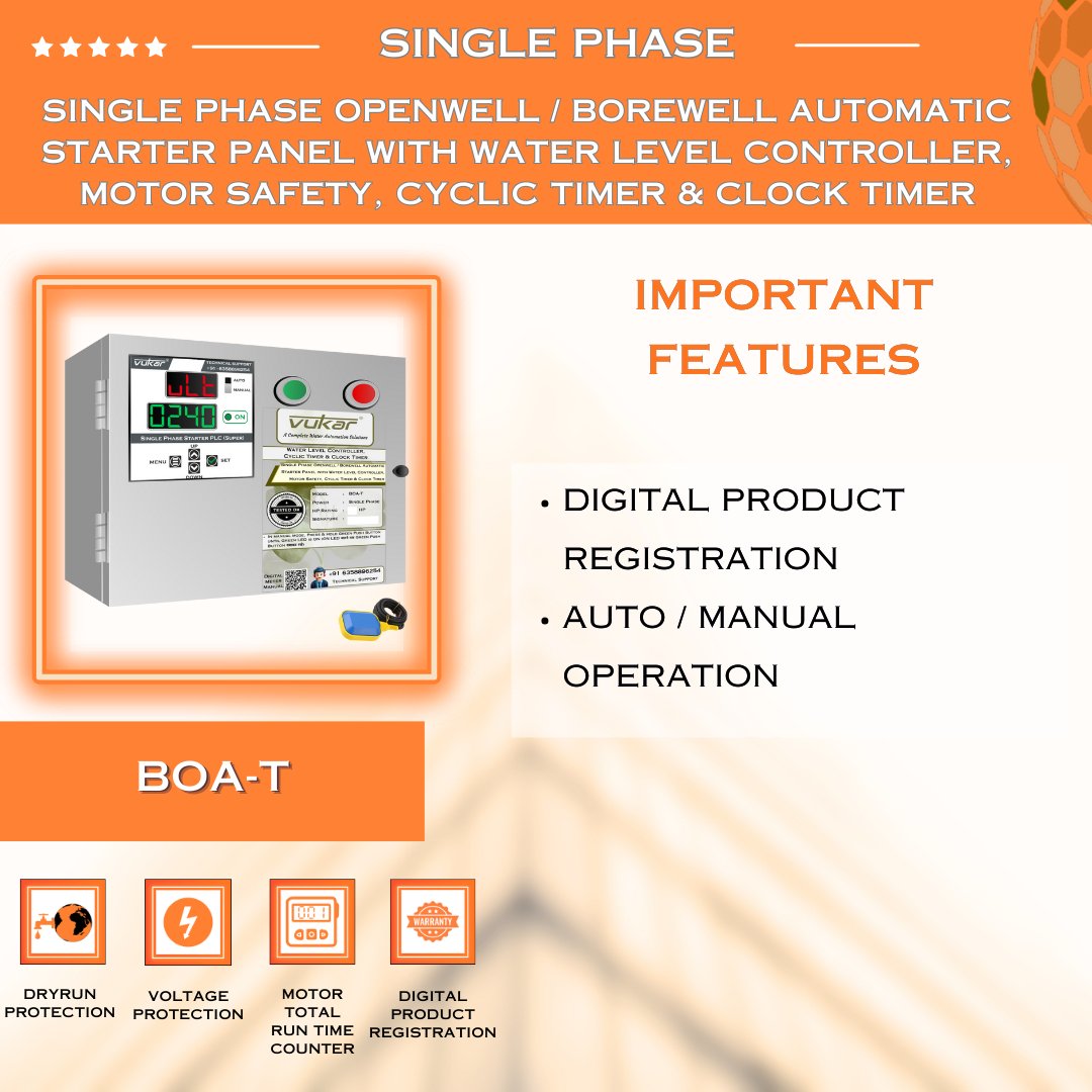 Single Phase Openwell / Borewell Automatic Starter Panel with Water Level Controller, Motor Safety, Cyclic Timer & Clock Timer (BOA-T)
