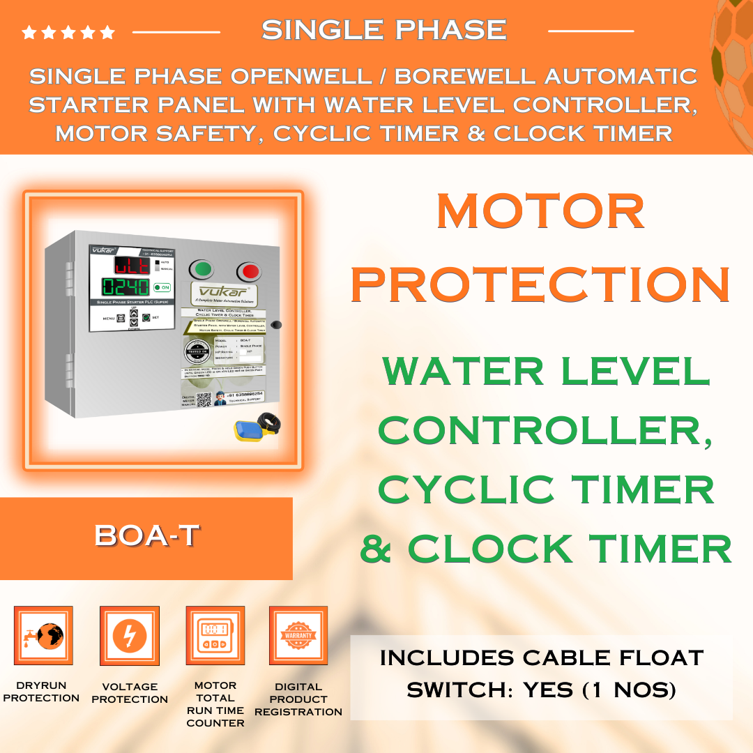 Single Phase Openwell / Borewell Automatic Starter Panel with Water Level Controller, Motor Safety, Cyclic Timer & Clock Timer (BOA-T)