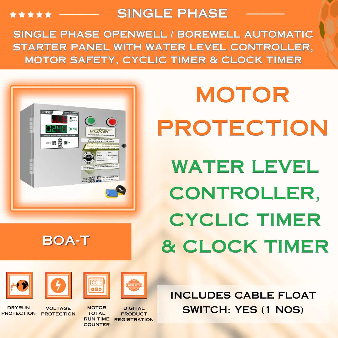 Single Phase Openwell / Borewell Automatic Starter Panel with Water Level Controller,  Motor Safety, Cyclic Timer & Clock Timer (BOA-T) VUKAR