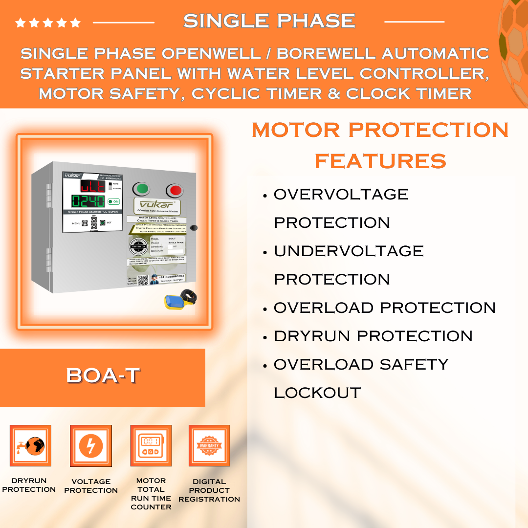 Single Phase Openwell / Borewell Automatic Starter Panel with Water Level Controller, Motor Safety, Cyclic Timer & Clock Timer (BOA-T)