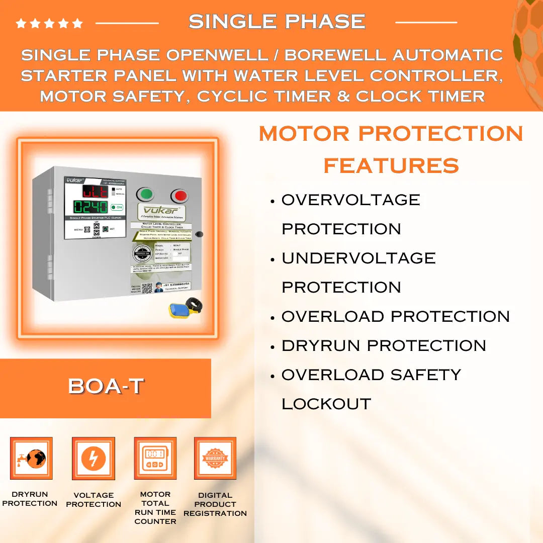 Single Phase Openwell / Borewell Automatic Starter Panel with Water Level Controller,  Motor Safety, Cyclic Timer & Clock Timer (BOA-T) VUKAR