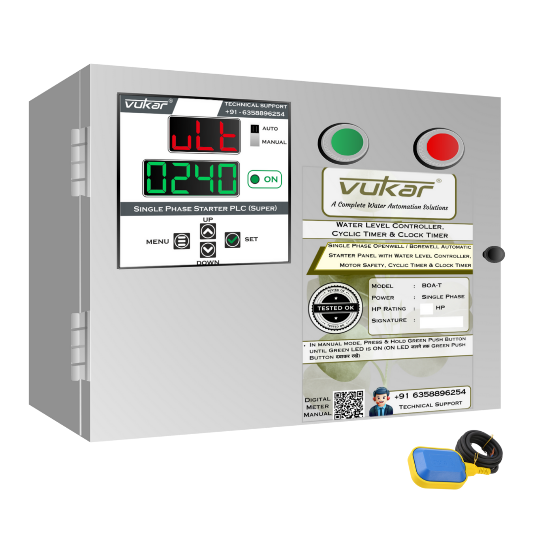 Single Phase Openwell / Borewell Automatic Starter Panel with Water Level Controller, Motor Safety, Cyclic Timer & Clock Timer (BOA-T)