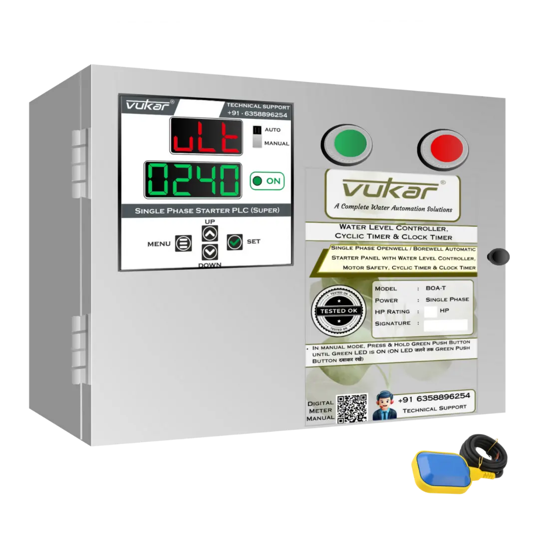 Single Phase Openwell / Borewell Automatic Starter Panel with Water Level Controller,  Motor Safety, Cyclic Timer & Clock Timer (BOA-T) VUKAR