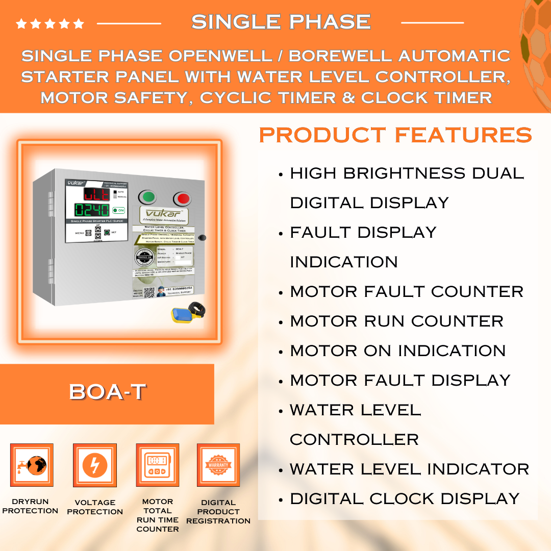 Single Phase Openwell / Borewell Automatic Starter Panel with Water Level Controller, Motor Safety, Cyclic Timer & Clock Timer (BOA-T)