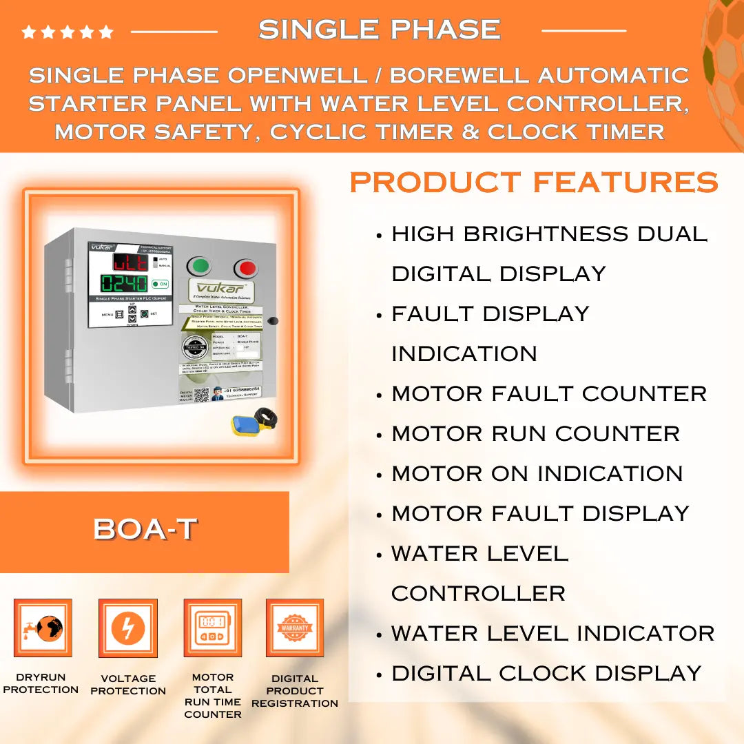 Single Phase Openwell / Borewell Automatic Starter Panel with Water Level Controller,  Motor Safety, Cyclic Timer & Clock Timer (BOA-T) VUKAR