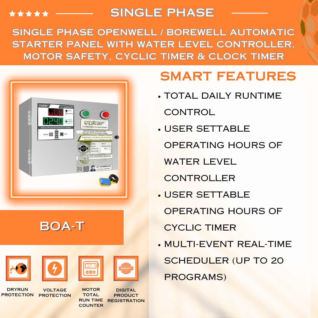 Single Phase Openwell / Borewell Automatic Starter Panel with Water Level Controller, Motor Safety, Cyclic Timer & Clock Timer (BOA-T)