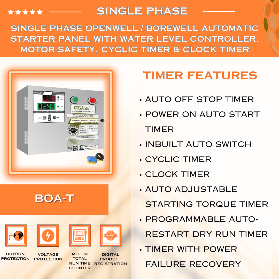 Single Phase Openwell / Borewell Automatic Starter Panel with Water Level Controller, Motor Safety, Cyclic Timer & Clock Timer (BOA-T)