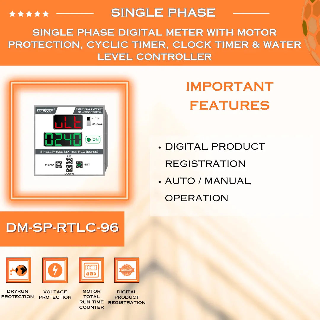 Single Phase Digital Meter with Motor Protection, Cyclic Timer, Clock Timer & Water Level Controller (DM-SP-RTLC-96) VUKAR