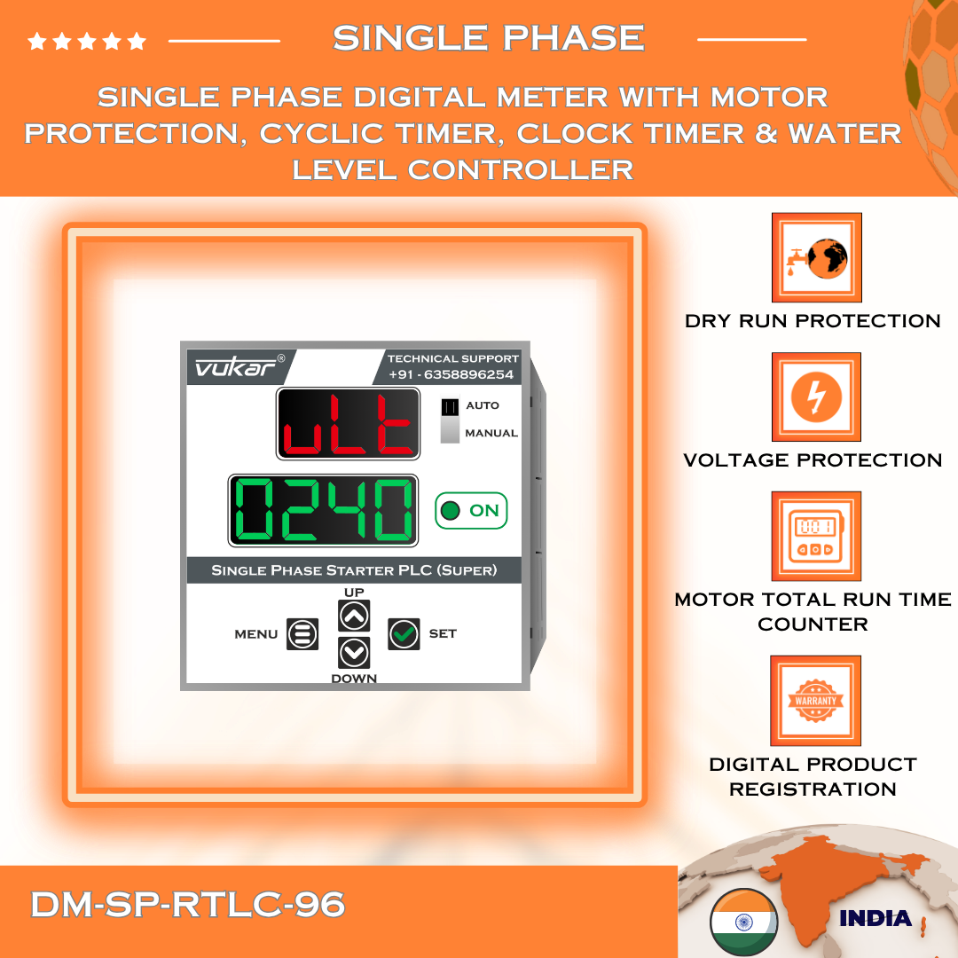 Single Phase Digital Meter with Motor Protection, Cyclic Timer, Clock Timer & Water Level Controller (DM-SP-RTLC-96)