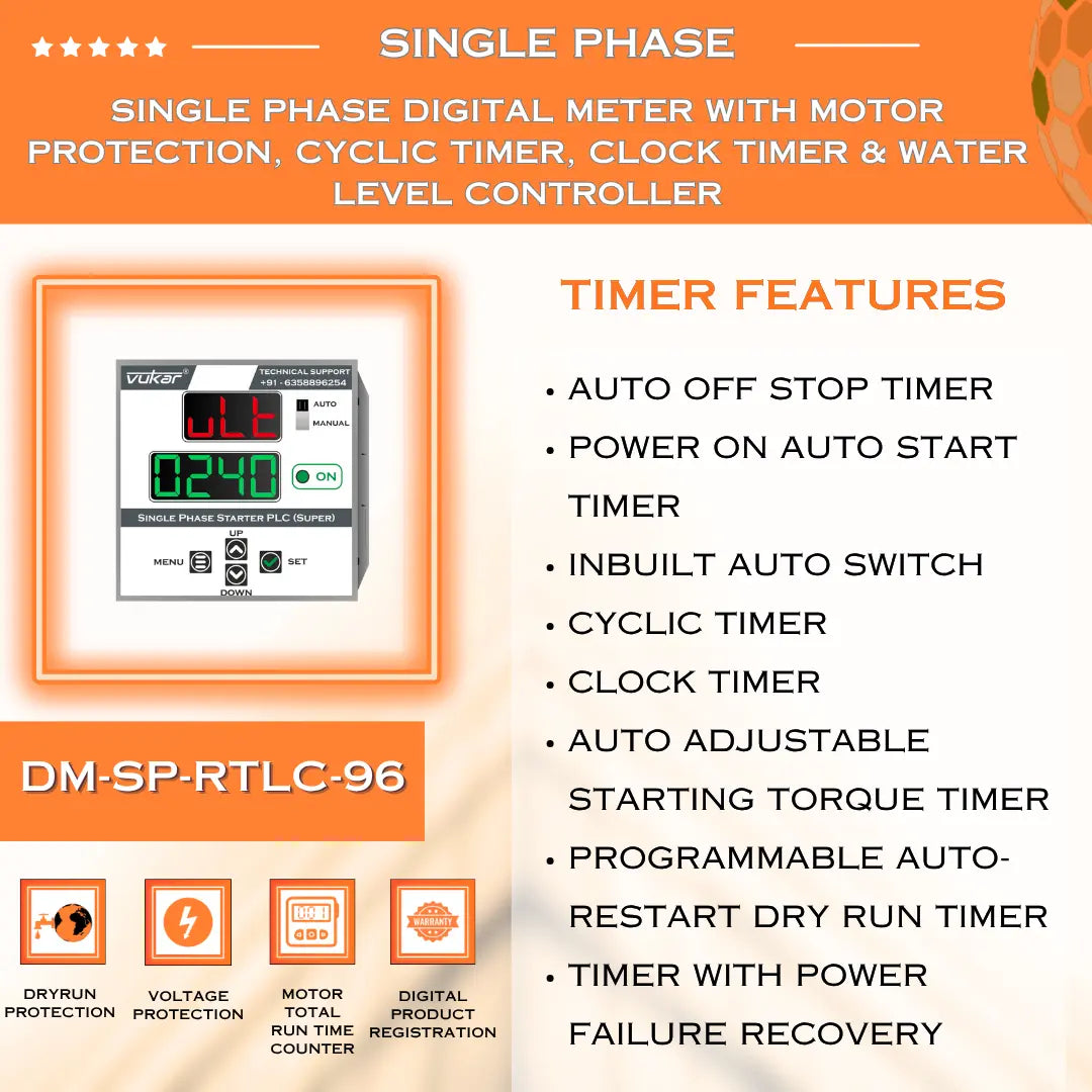 Single Phase Digital Meter with Motor Protection, Cyclic Timer, Clock Timer & Water Level Controller (DM-SP-RTLC-96) VUKAR