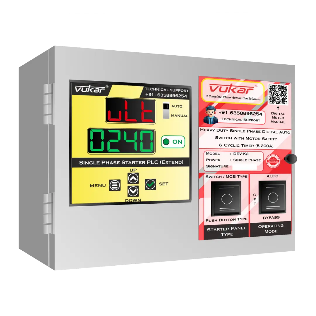 Heavy Duty Single Phase Digital Auto Switch with Motor Safety & Cyclic Timer (5-200A) (DEV-K2) VUKAR