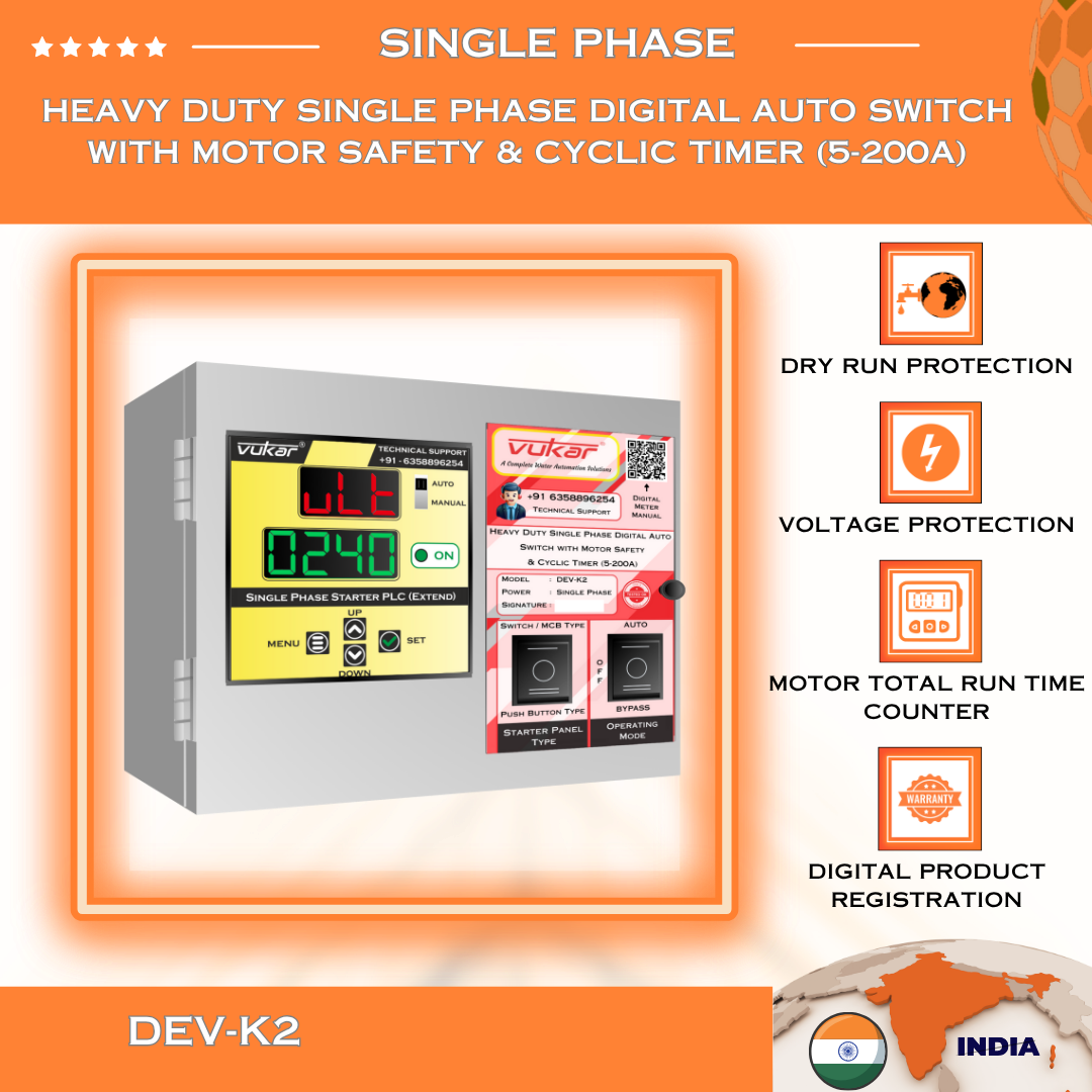 Heavy Duty Single Phase Digital Auto Switch with Motor Safety & Cyclic Timer (5-200A) (DEV-K2)