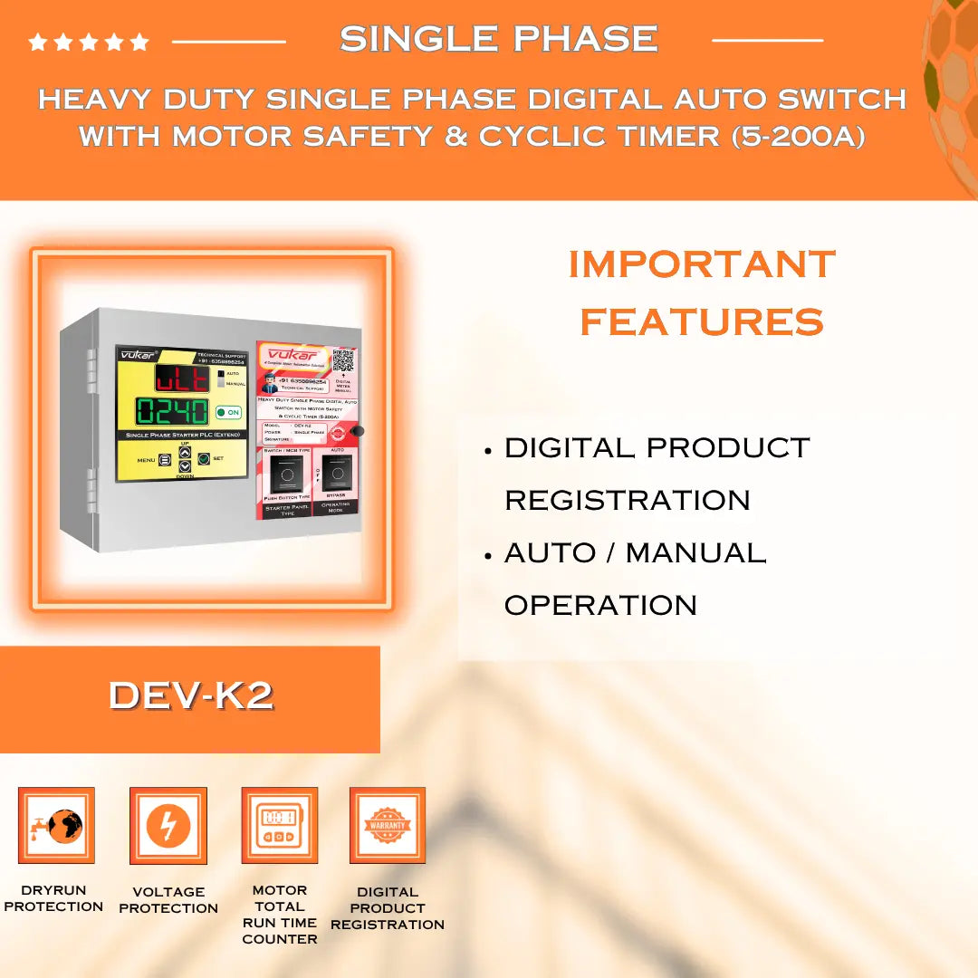 Heavy Duty Single Phase Digital Auto Switch with Motor Safety & Cyclic Timer (5-200A) (DEV-K2) VUKAR