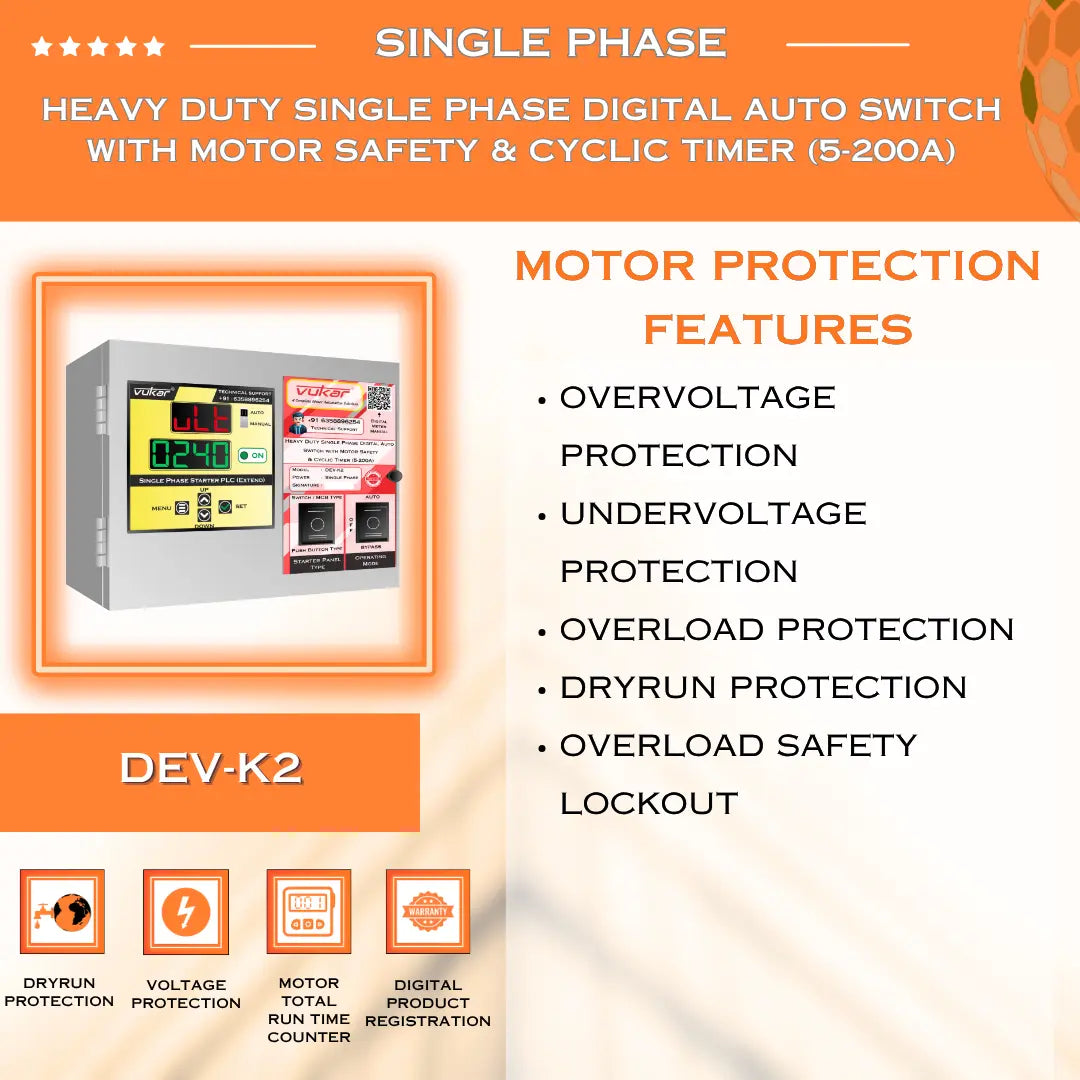Heavy Duty Single Phase Digital Auto Switch with Motor Safety & Cyclic Timer (5-200A) (DEV-K2) VUKAR