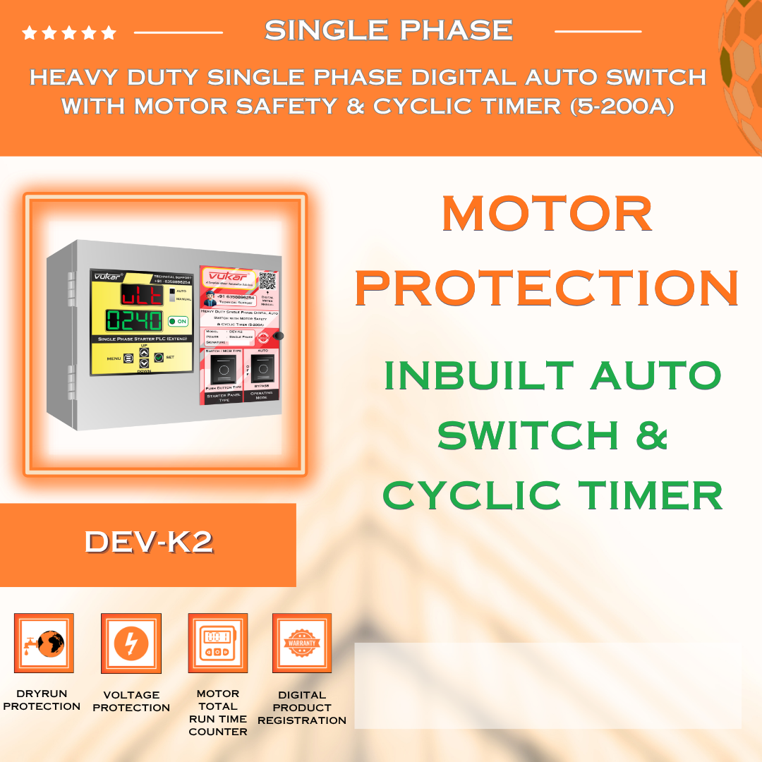 Heavy Duty Single Phase Digital Auto Switch with Motor Safety & Cyclic Timer (5-200A) (DEV-K2)