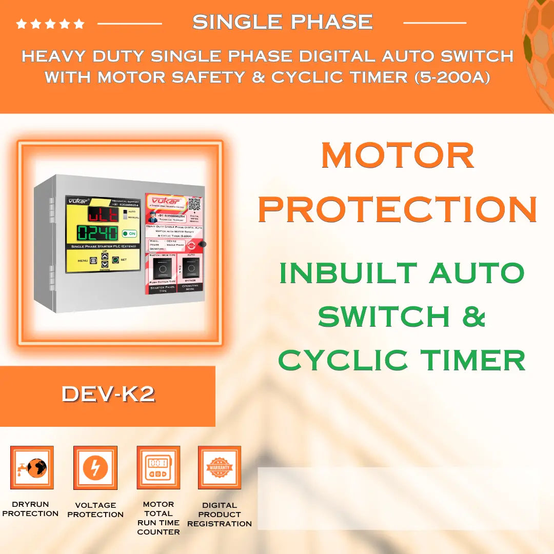 Heavy Duty Single Phase Digital Auto Switch with Motor Safety & Cyclic Timer (5-200A) (DEV-K2) VUKAR