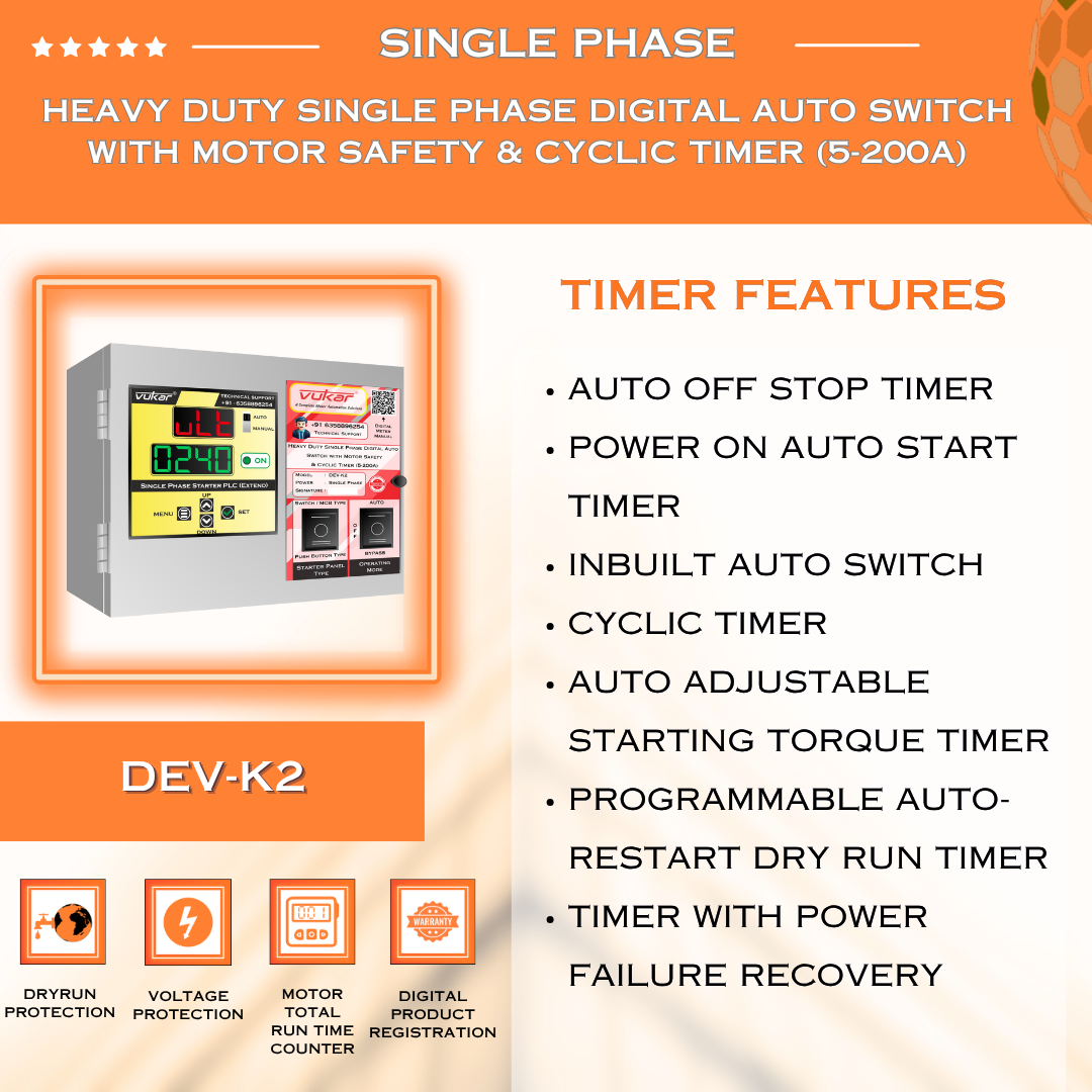 Heavy Duty Single Phase Digital Auto Switch with Motor Safety & Cyclic Timer (5-200A) (DEV-K2)
