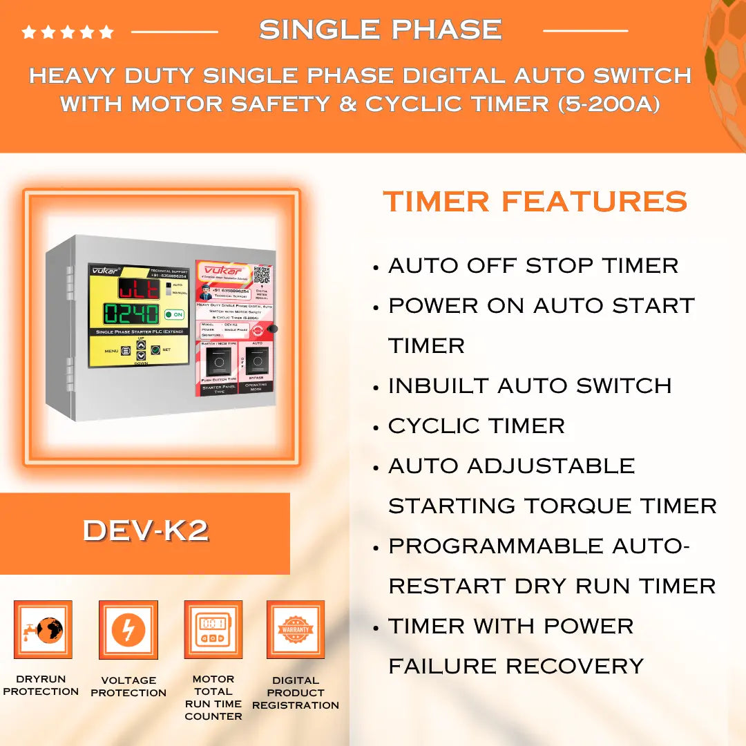 Heavy Duty Single Phase Digital Auto Switch with Motor Safety & Cyclic Timer (5-200A) (DEV-K2) VUKAR