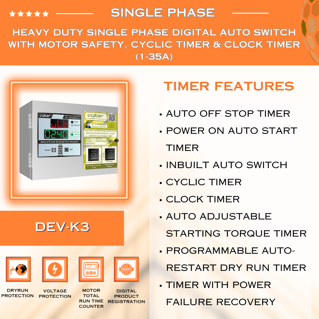 Heavy Duty Single Phase Digital Auto Switch with Motor Safety, Cyclic Timer & Clock Timer (1-35A) (DEV-K3)