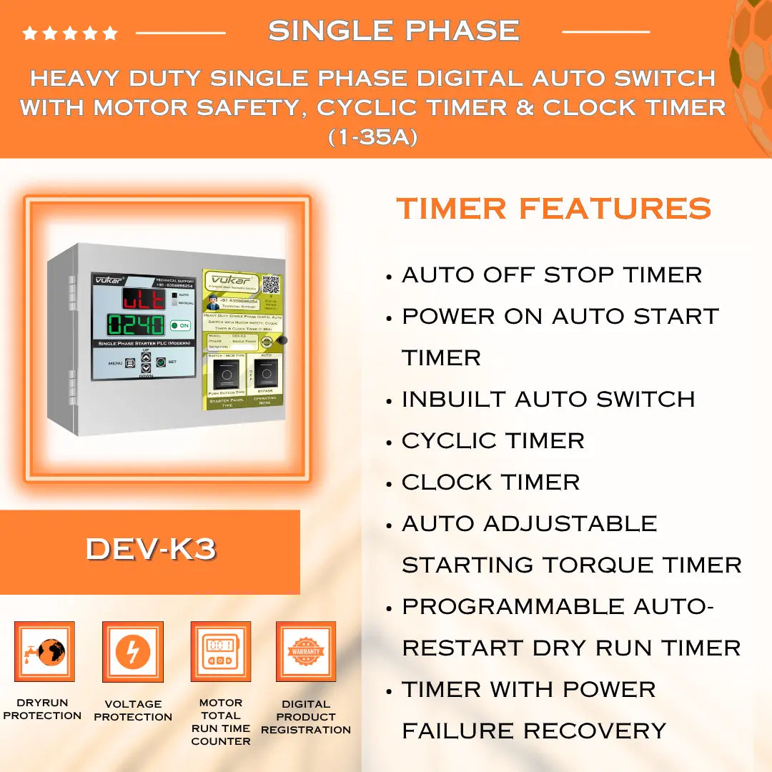 Heavy Duty Single Phase Digital Auto Switch with Motor Safety, Cyclic Timer & Clock Timer (1-35A) (DEV-K3) VUKAR