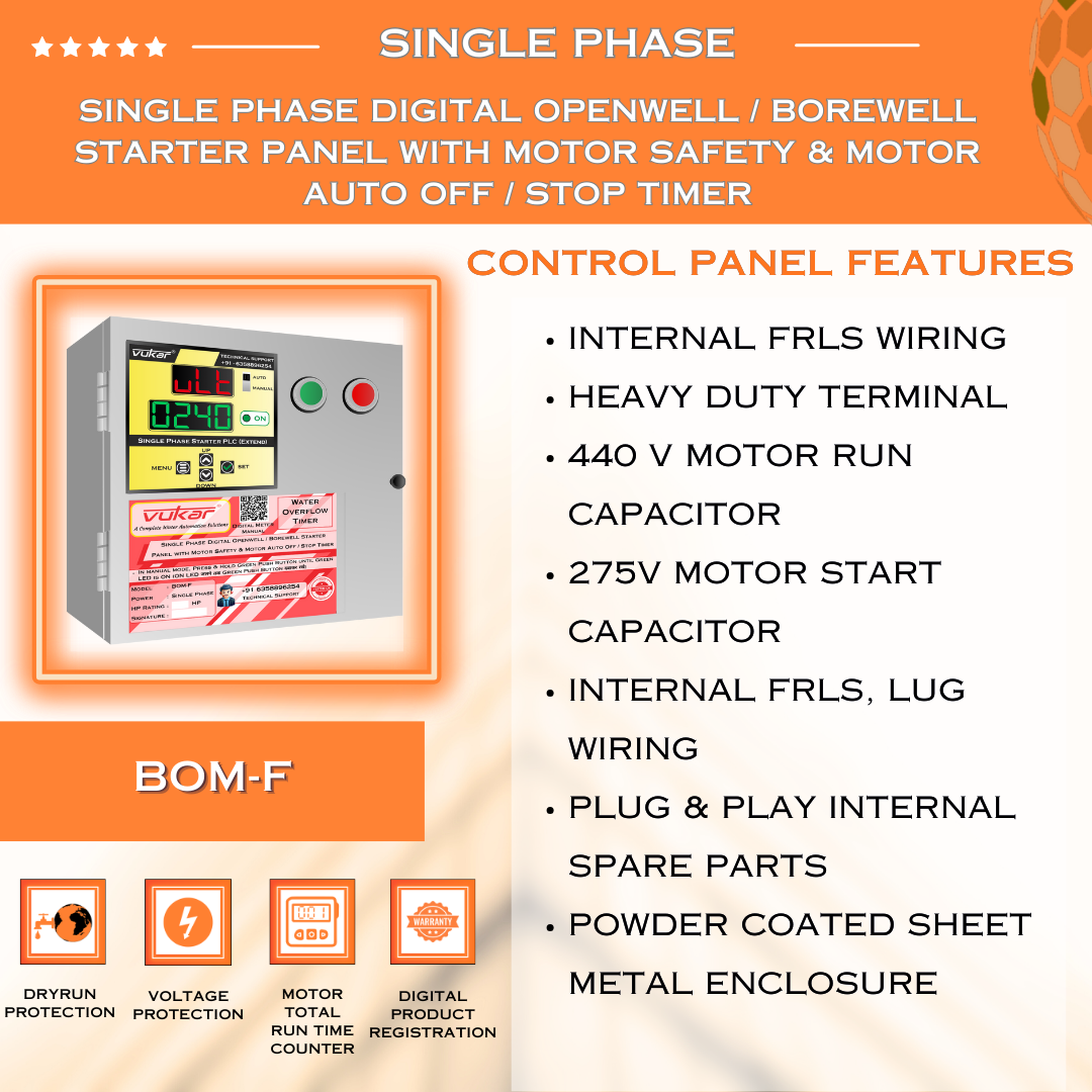 Single Phase Digital Openwell / Borewell Starter Panel with Motor Safety & Motor Auto Off / Stop Timer (BOM-F)