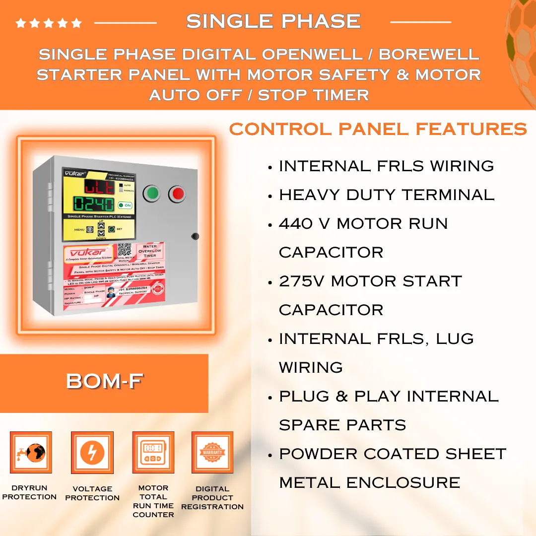 Single Phase Digital Openwell / Borewell Starter Panel with Motor Safety & Motor Auto Off / Stop Timer (BOM-F) VUKAR