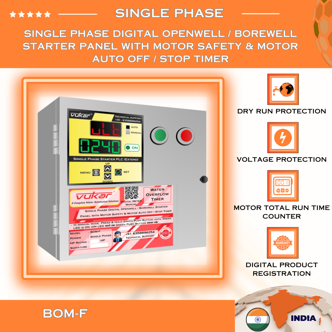 Single Phase Digital Openwell / Borewell Starter Panel with Motor Safety & Motor Auto Off / Stop Timer (BOM-F)