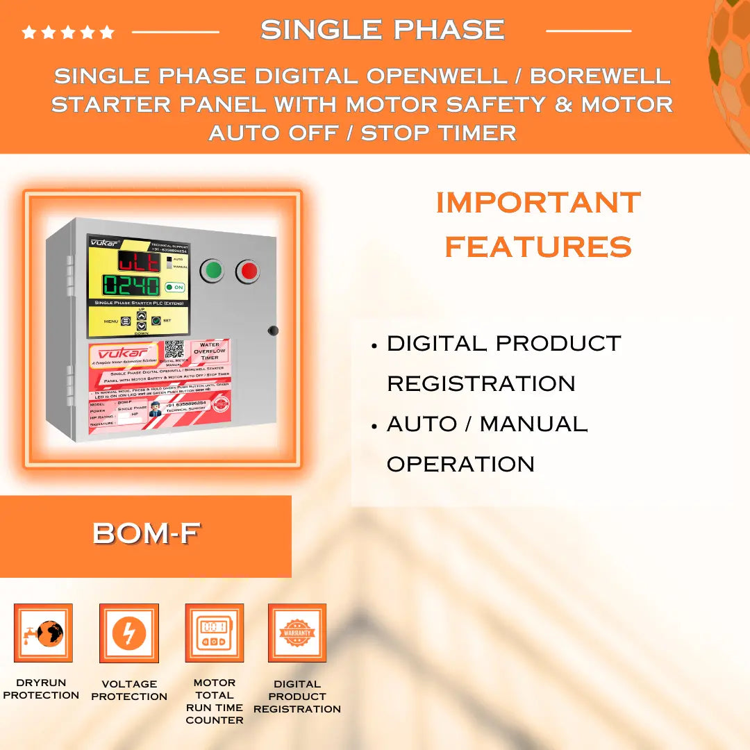 Single Phase Digital Openwell / Borewell Starter Panel with Motor Safety & Motor Auto Off / Stop Timer (BOM-F) VUKAR