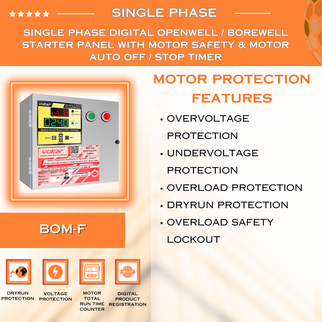 Single Phase Digital Openwell / Borewell Starter Panel with Motor Safety & Motor Auto Off / Stop Timer (BOM-F)