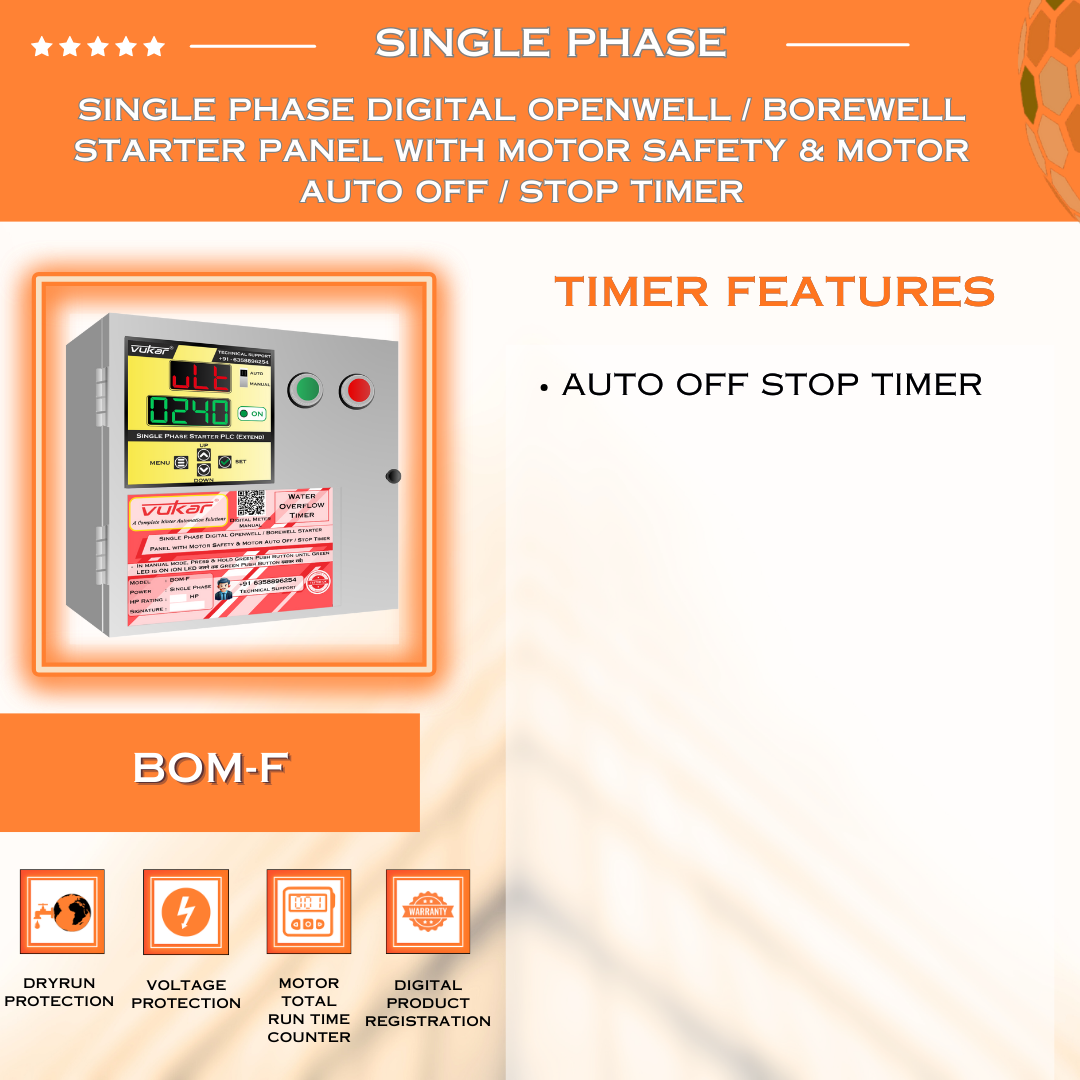 Single Phase Digital Openwell / Borewell Starter Panel with Motor Safety & Motor Auto Off / Stop Timer (BOM-F)