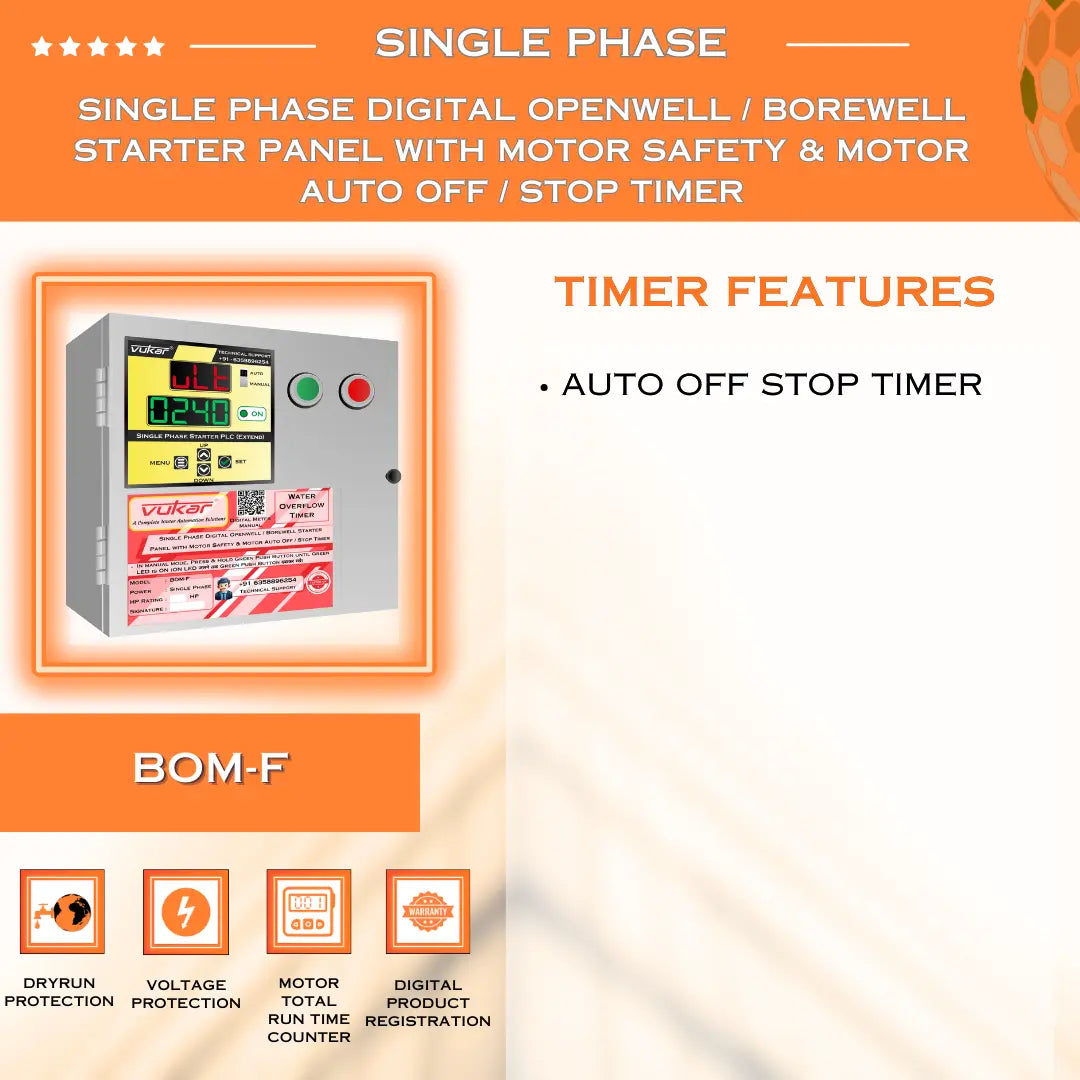 Single Phase Digital Openwell / Borewell Starter Panel with Motor Safety & Motor Auto Off / Stop Timer (BOM-F) VUKAR