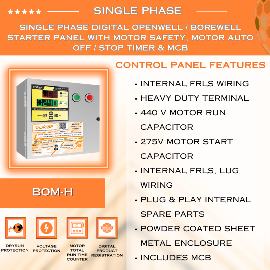 Single Phase Digital Openwell / Borewell Starter Panel with Motor Safety, Motor Auto Off / Stop Timer & MCB (BOM-H)