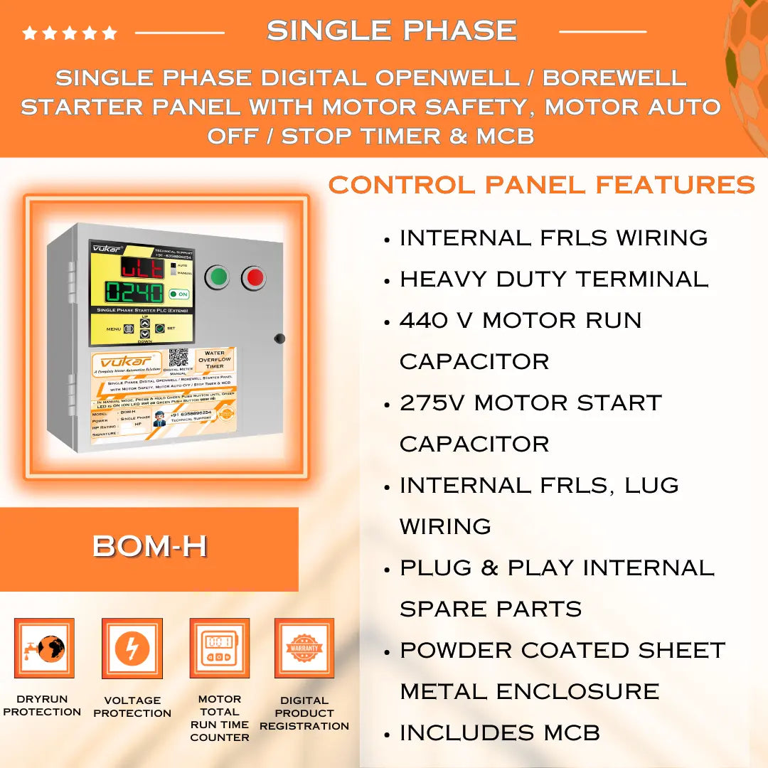 Single Phase Digital Openwell / Borewell Starter Panel with Motor Safety, Motor Auto Off / Stop Timer & MCB (BOM-H) VUKAR