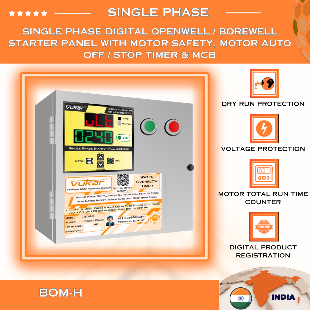 Single Phase Digital Openwell / Borewell Starter Panel with Motor Safety, Motor Auto Off / Stop Timer & MCB (BOM-H)