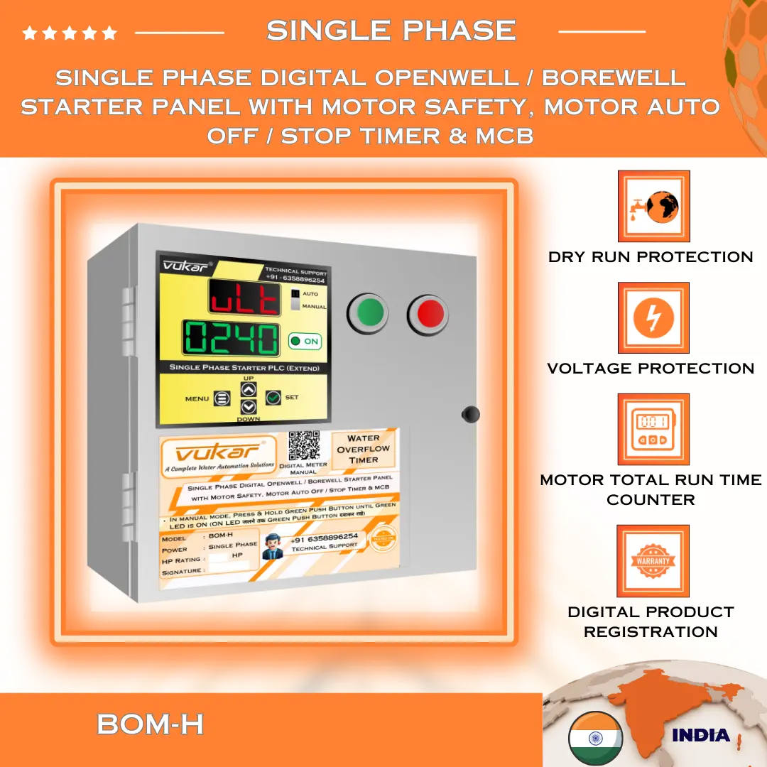 Single Phase Digital Openwell / Borewell Starter Panel with Motor Safety, Motor Auto Off / Stop Timer & MCB (BOM-H) VUKAR