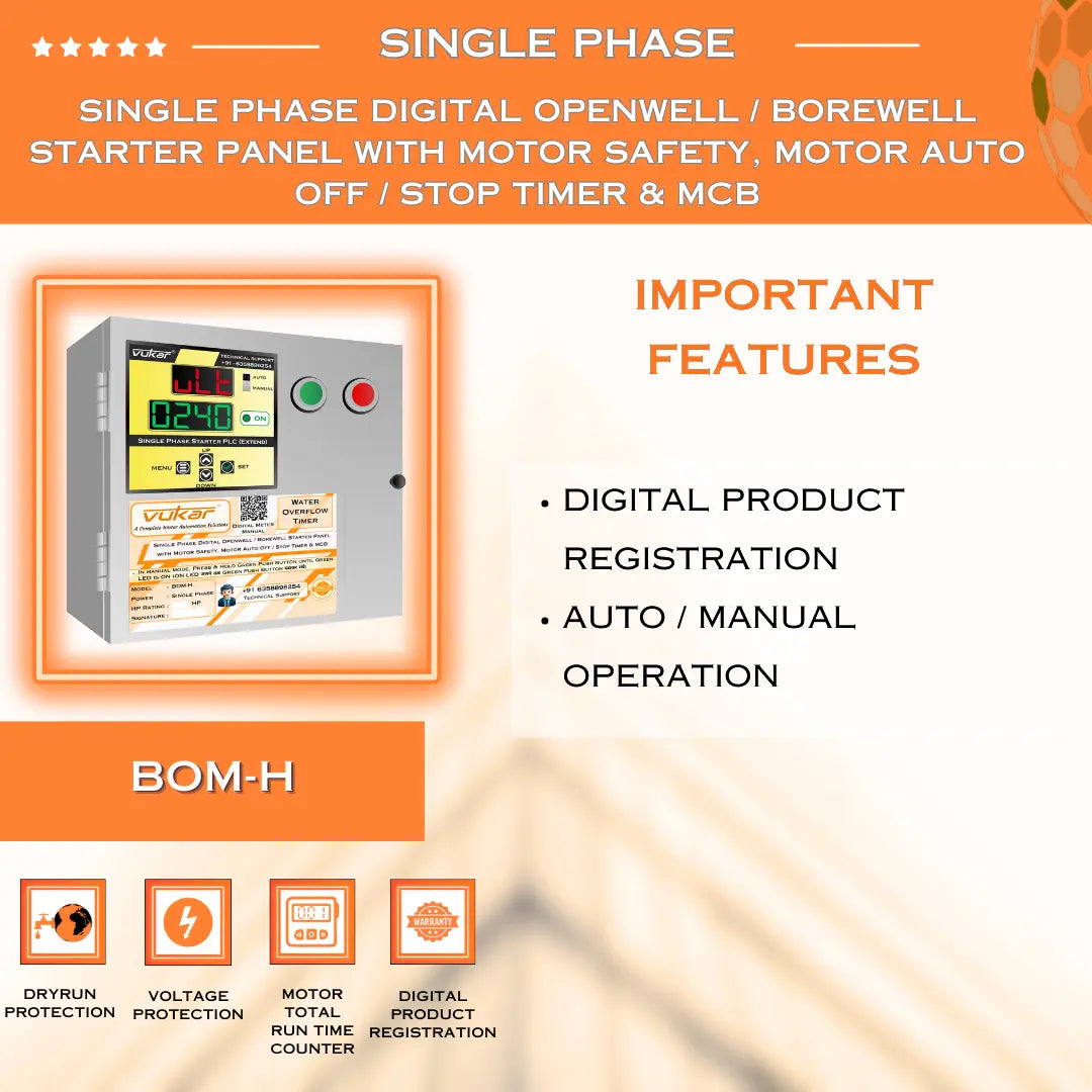 Single Phase Digital Openwell / Borewell Starter Panel with Motor Safety, Motor Auto Off / Stop Timer & MCB (BOM-H) VUKAR