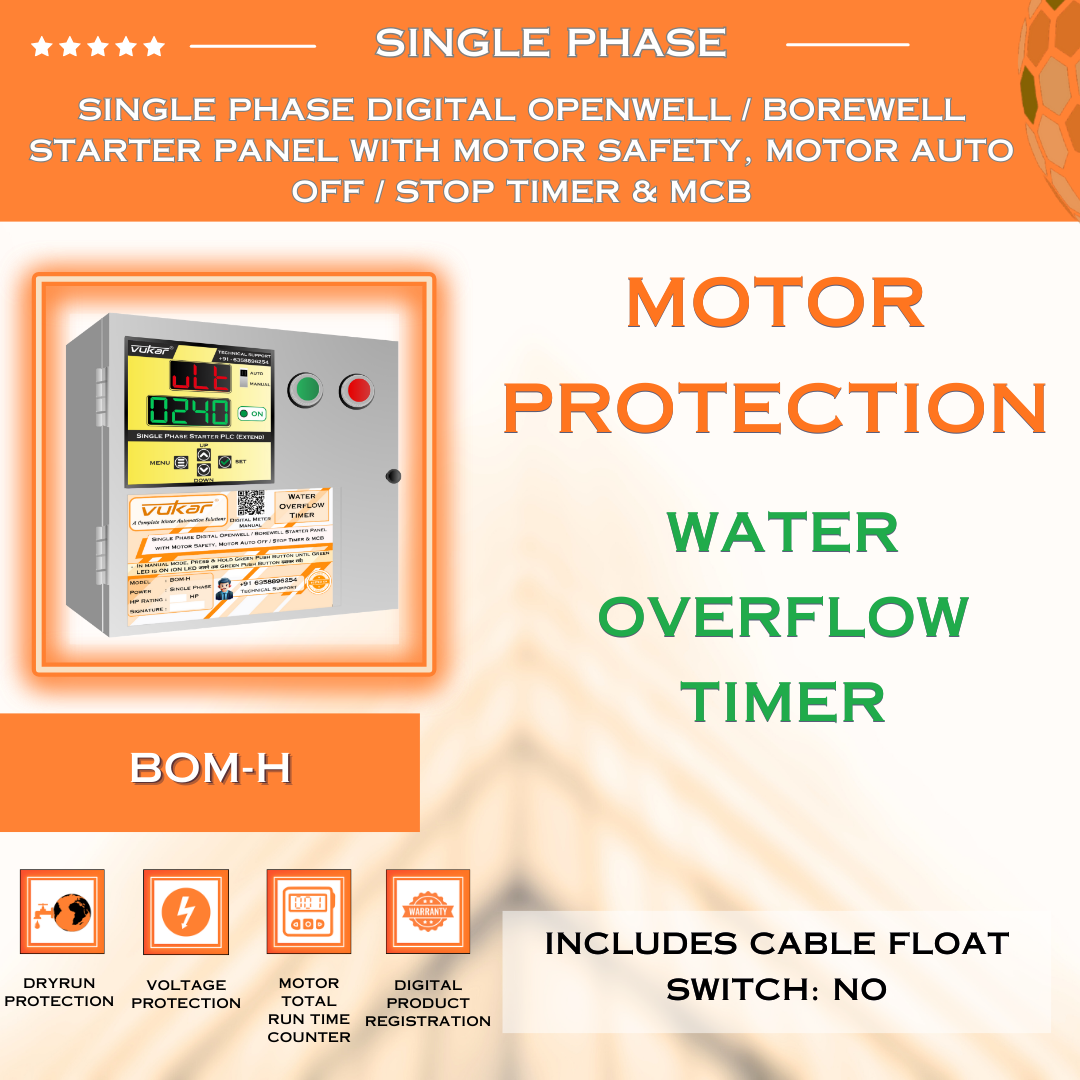 Single Phase Digital Openwell / Borewell Starter Panel with Motor Safety, Motor Auto Off / Stop Timer & MCB (BOM-H)