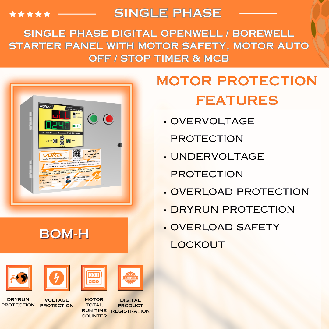 Single Phase Digital Openwell / Borewell Starter Panel with Motor Safety, Motor Auto Off / Stop Timer & MCB (BOM-H)