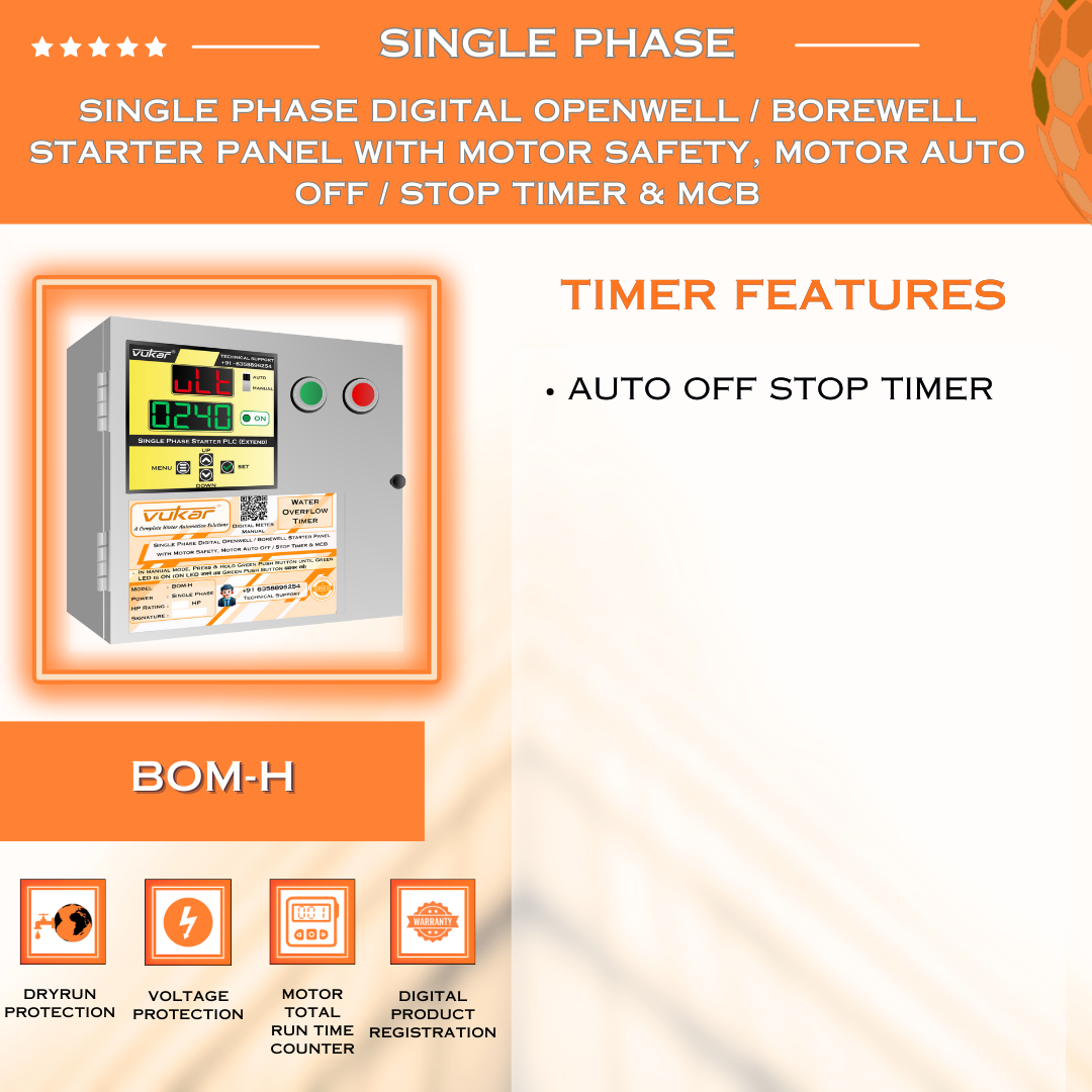 Single Phase Digital Openwell / Borewell Starter Panel with Motor Safety, Motor Auto Off / Stop Timer & MCB (BOM-H)