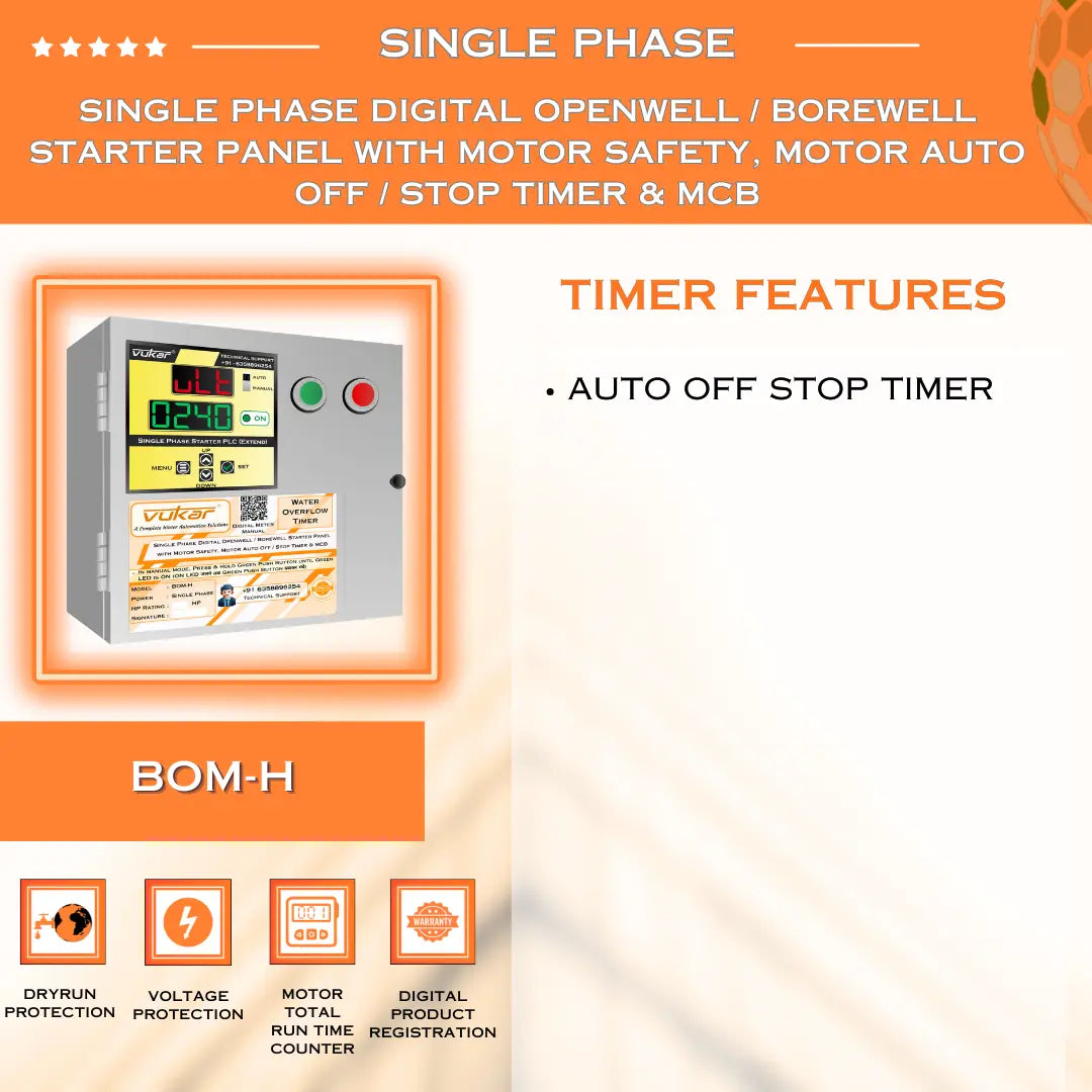 Single Phase Digital Openwell / Borewell Starter Panel with Motor Safety, Motor Auto Off / Stop Timer & MCB (BOM-H) VUKAR