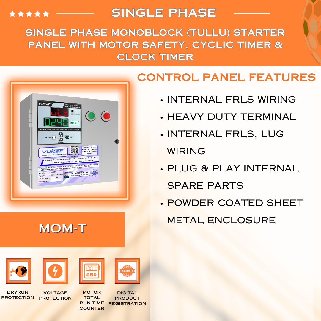 Single Phase Monoblock (Tullu) Starter Panel with Motor Safety, Cyclic Timer & Clock Timer (MOM-T)