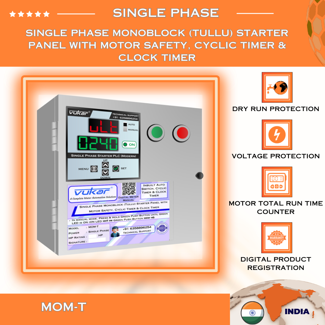 Single Phase Monoblock (Tullu) Starter Panel with Motor Safety, Cyclic Timer & Clock Timer (MOM-T)