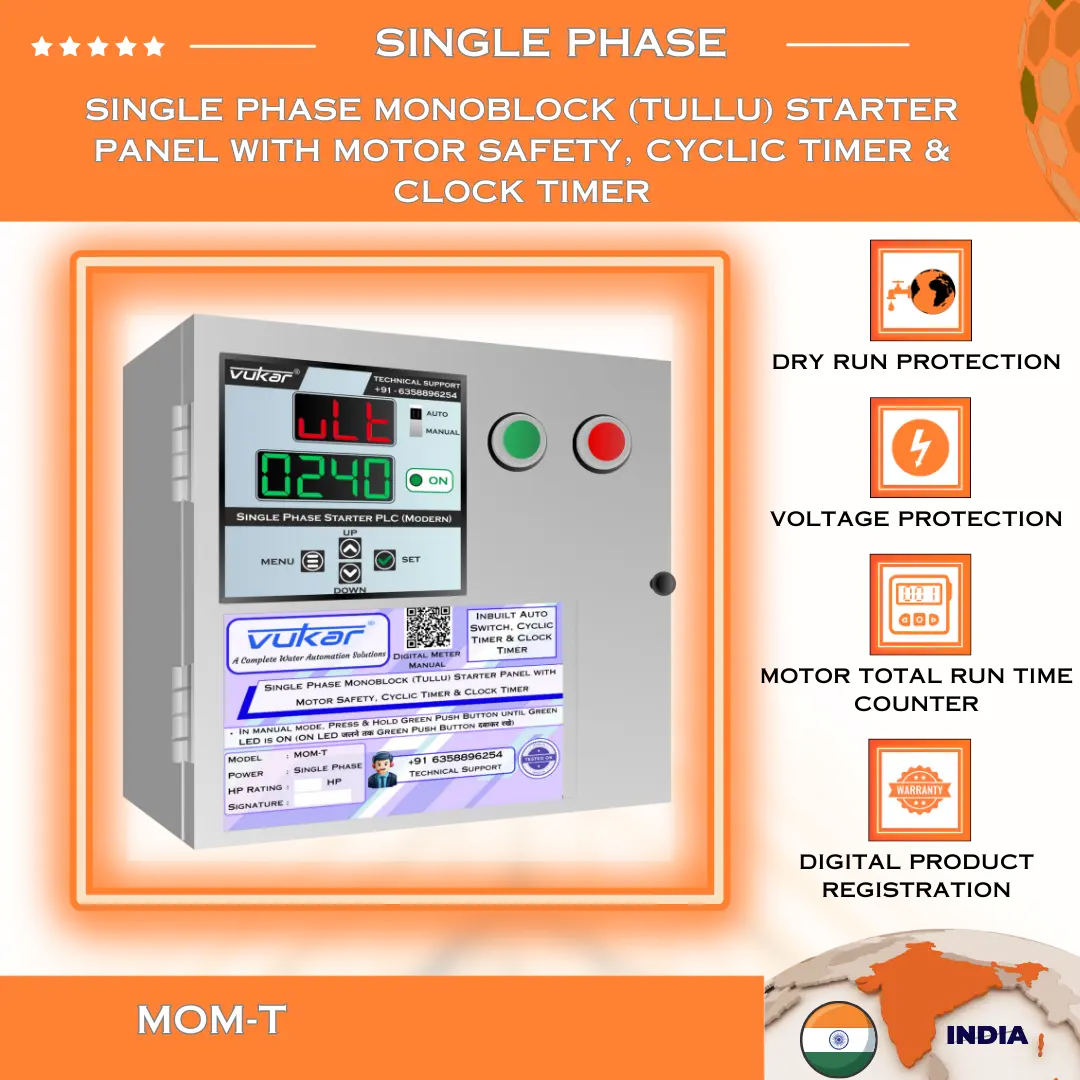Single Phase Monoblock  (Tullu) Starter Panel with Motor Safety, Cyclic Timer & Clock Timer (MOM-T) VUKAR