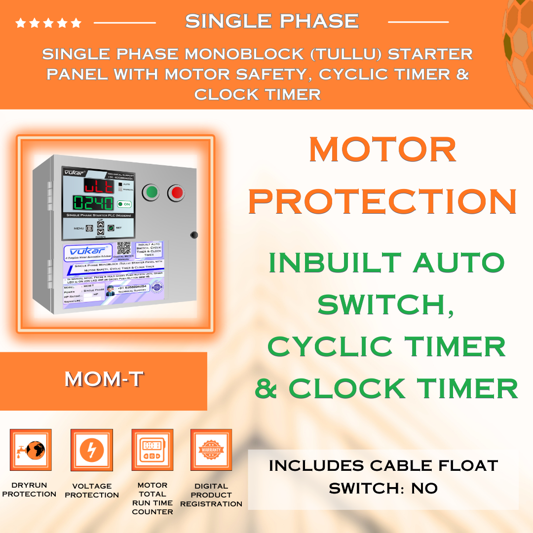 Single Phase Monoblock (Tullu) Starter Panel with Motor Safety, Cyclic Timer & Clock Timer (MOM-T)
