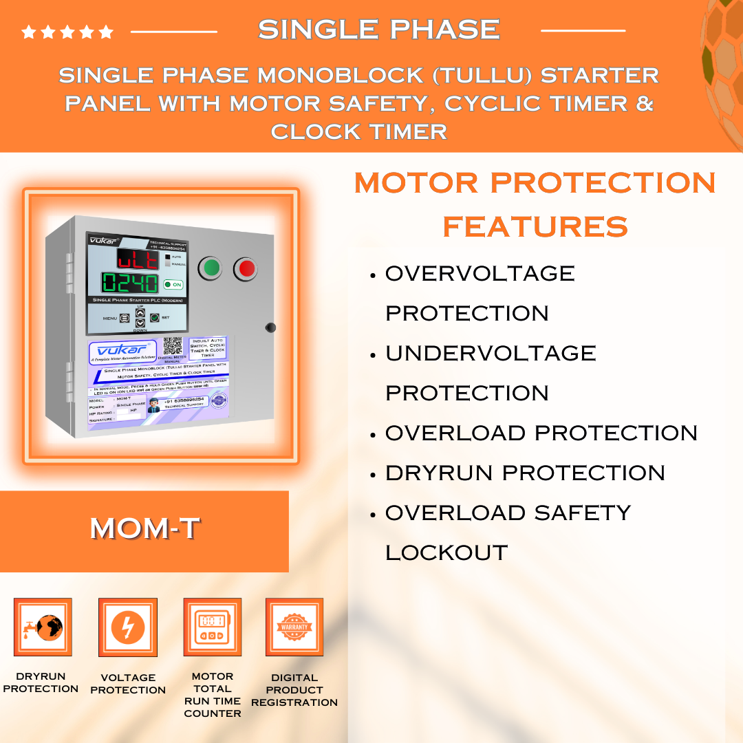Single Phase Monoblock (Tullu) Starter Panel with Motor Safety, Cyclic Timer & Clock Timer (MOM-T)