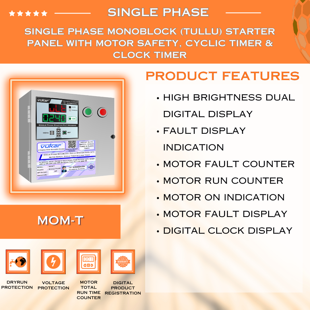 Single Phase Monoblock (Tullu) Starter Panel with Motor Safety, Cyclic Timer & Clock Timer (MOM-T)
