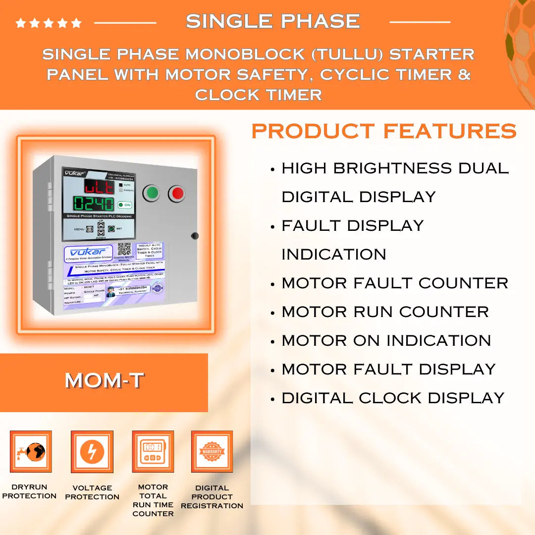 Single Phase Monoblock  (Tullu) Starter Panel with Motor Safety, Cyclic Timer & Clock Timer (MOM-T) VUKAR