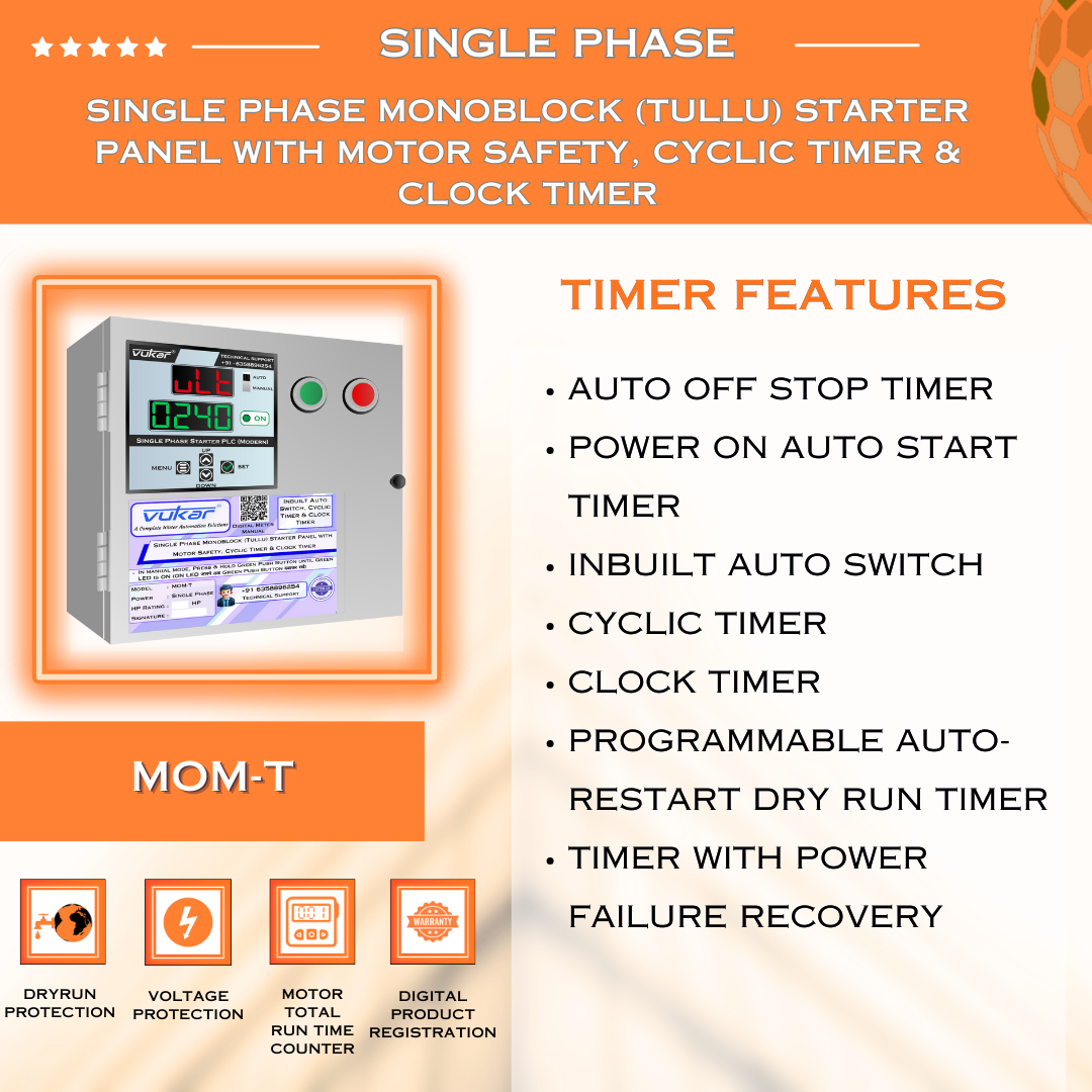 Single Phase Monoblock (Tullu) Starter Panel with Motor Safety, Cyclic Timer & Clock Timer (MOM-T)